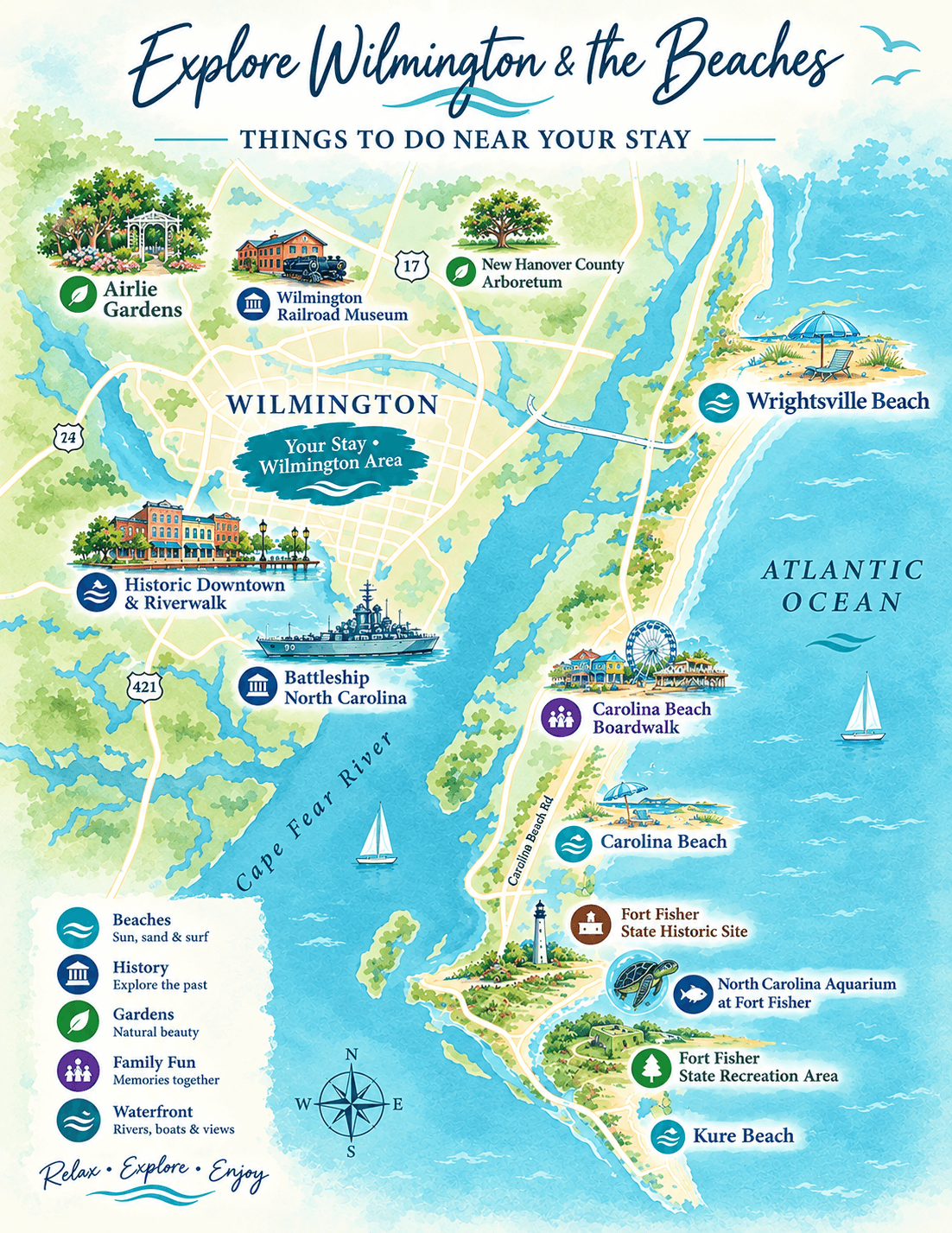 Map of the Murrayville neighborhood in Wilmington, NC showing Selah by the Sea and nearby landmarks